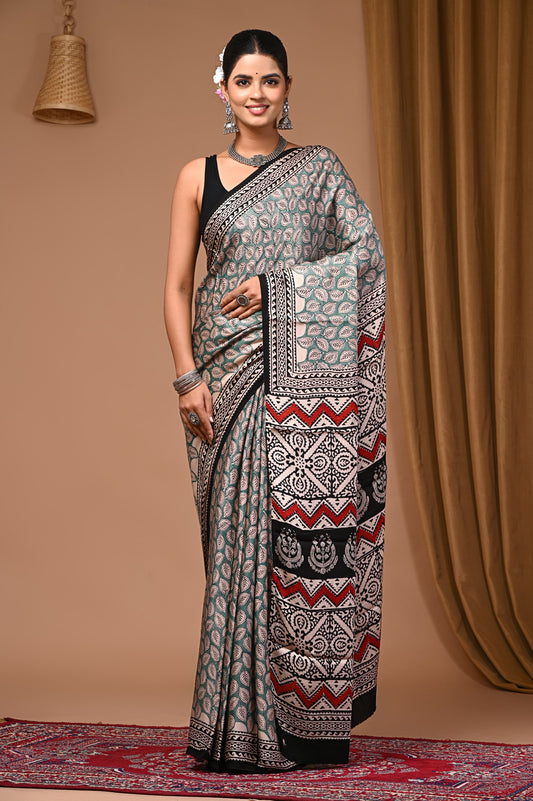 PJNV25A051 Green Pure Block Print Modal Silk Saree