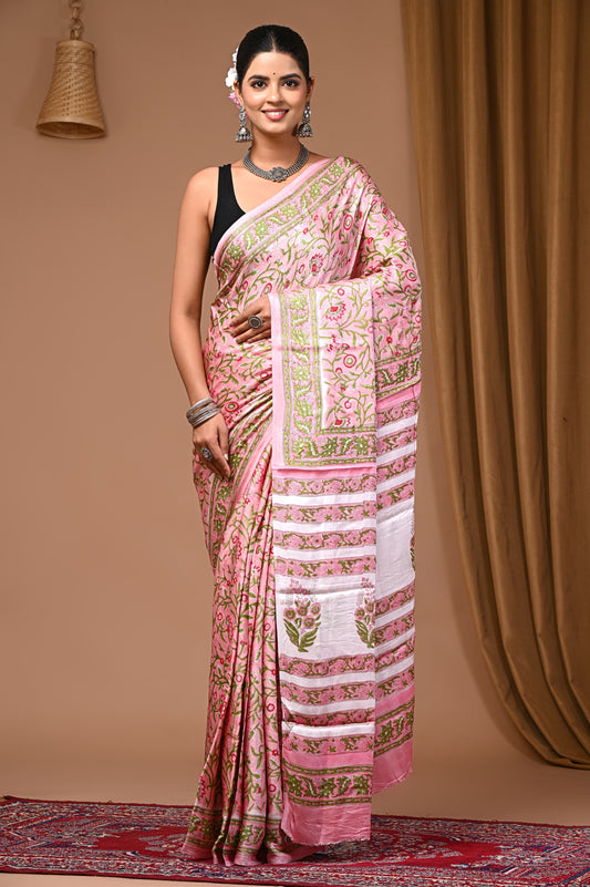 PJNV25A052 Pink Pure Block Print Modal Silk Saree