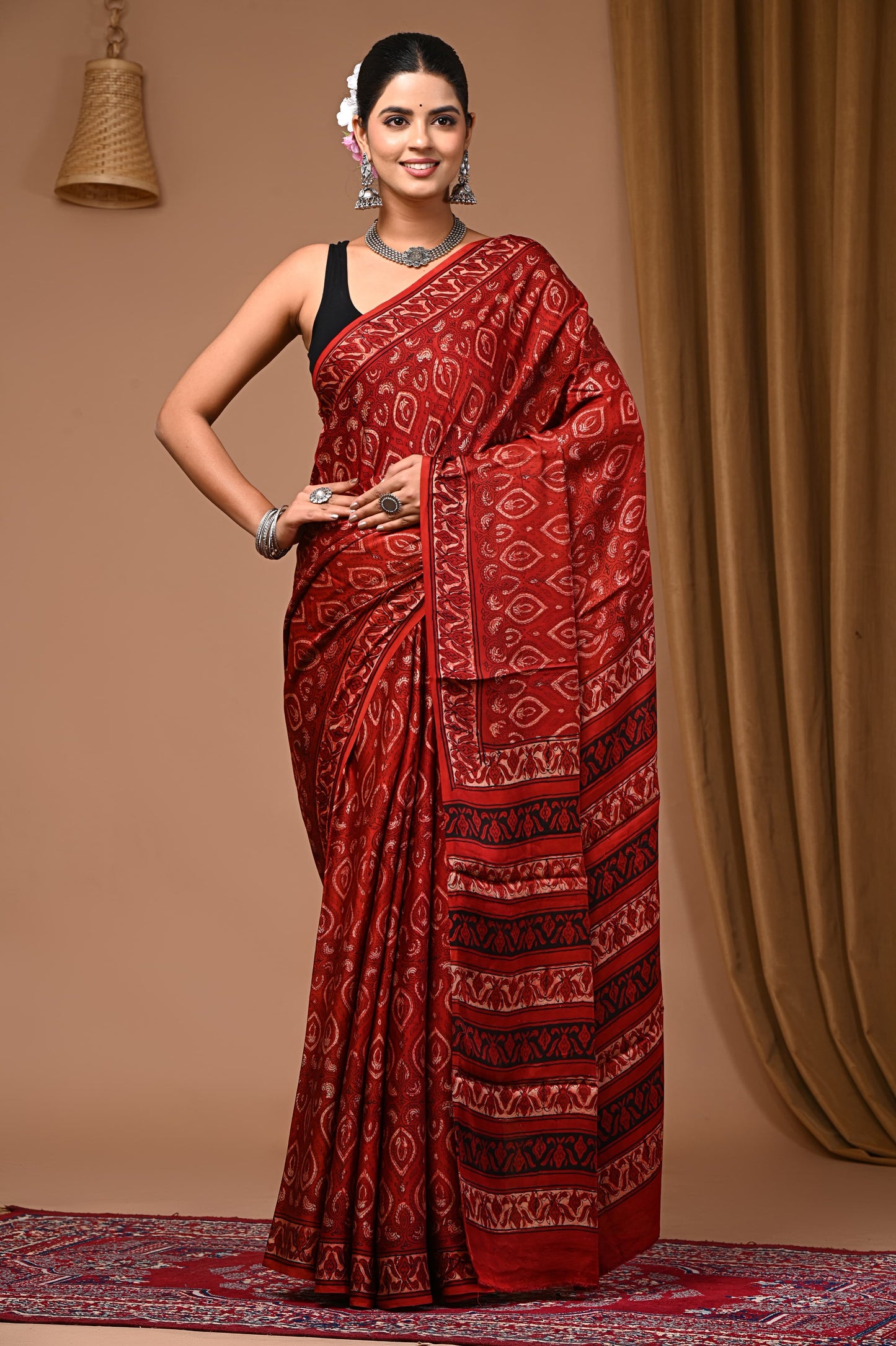 PJNV25A053 Red Pure Block Print Modal Silk Saree