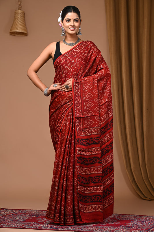 PJNV25A053 Red Pure Block Print Modal Silk Saree