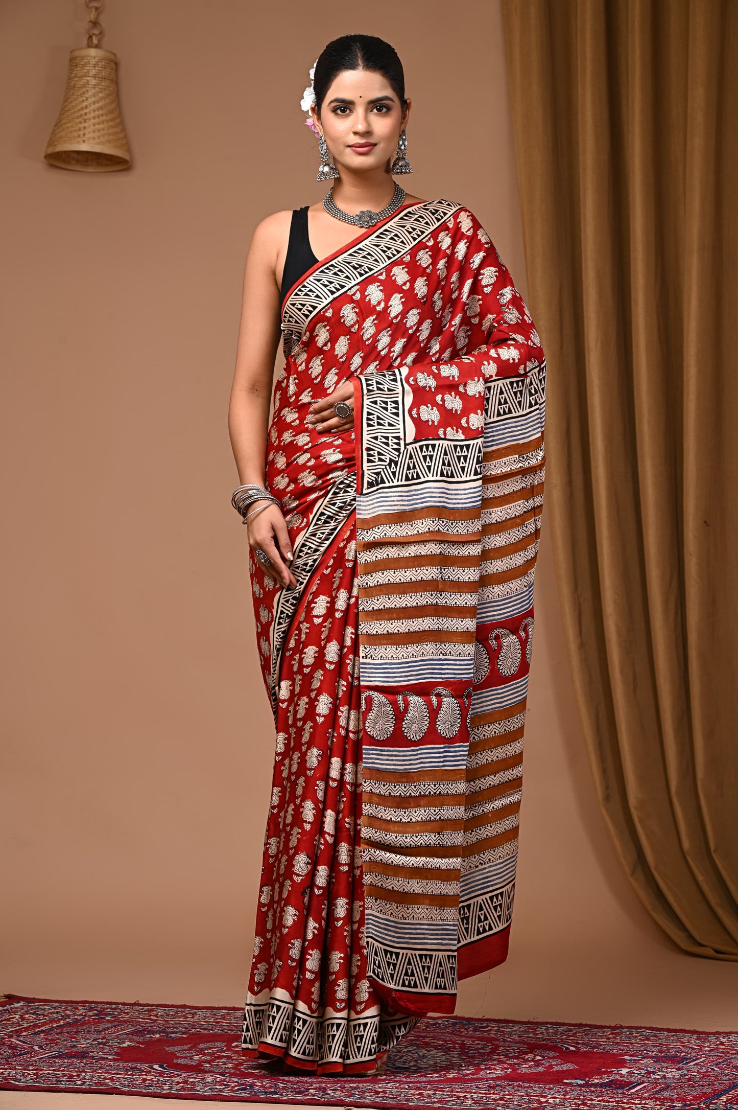 PJNV25A054 Red Pure Block Print Modal Silk Saree