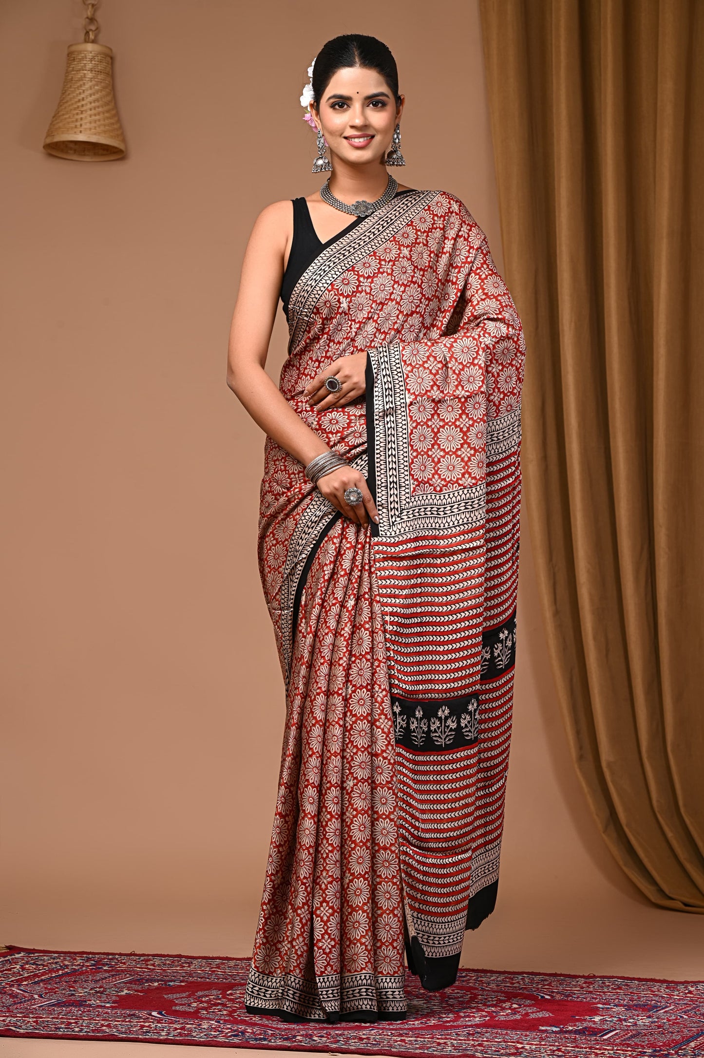 PJNV25A055 Rust Red Pure Block Print Modal Silk Saree
