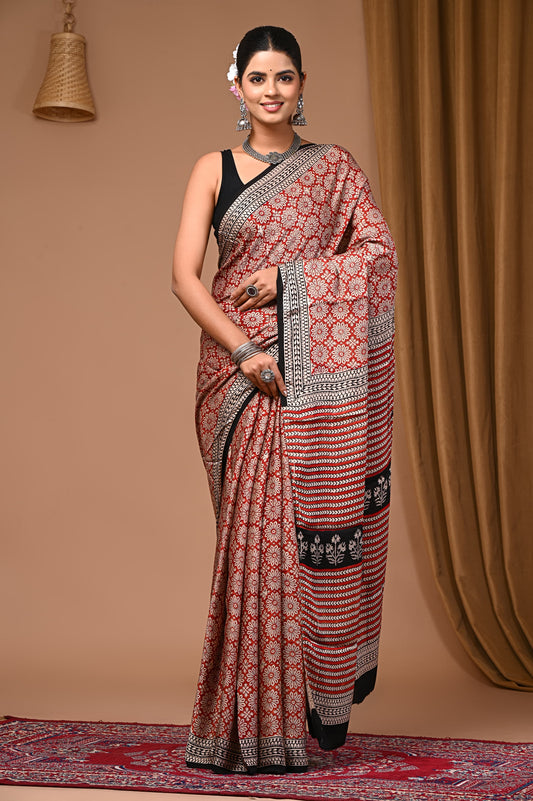 PJNV25A055 Rust Red Pure Block Print Modal Silk Saree