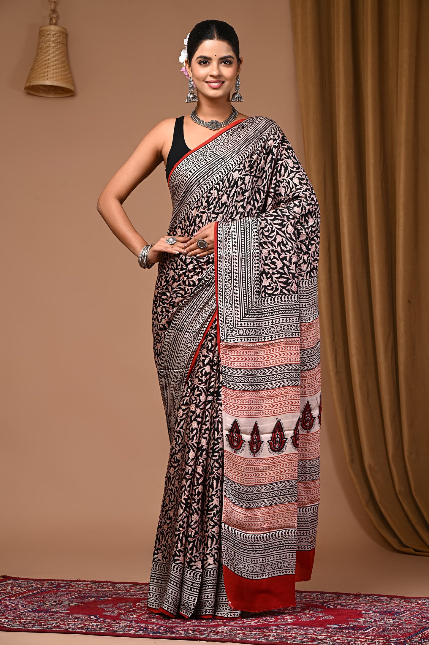 PJNV25A057 Beige Pure Block Print Modal Silk Saree