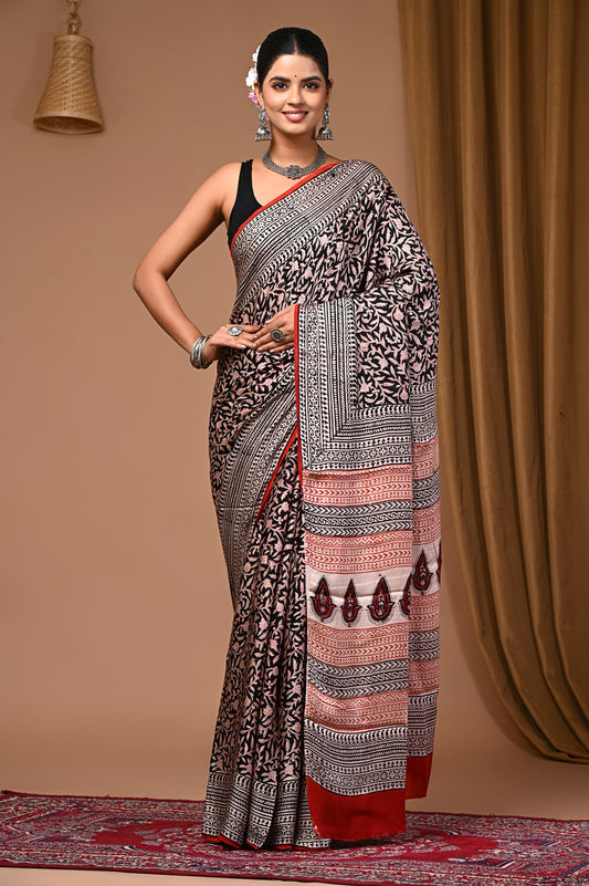 PJNV25A057 Beige Pure Block Print Modal Silk Saree
