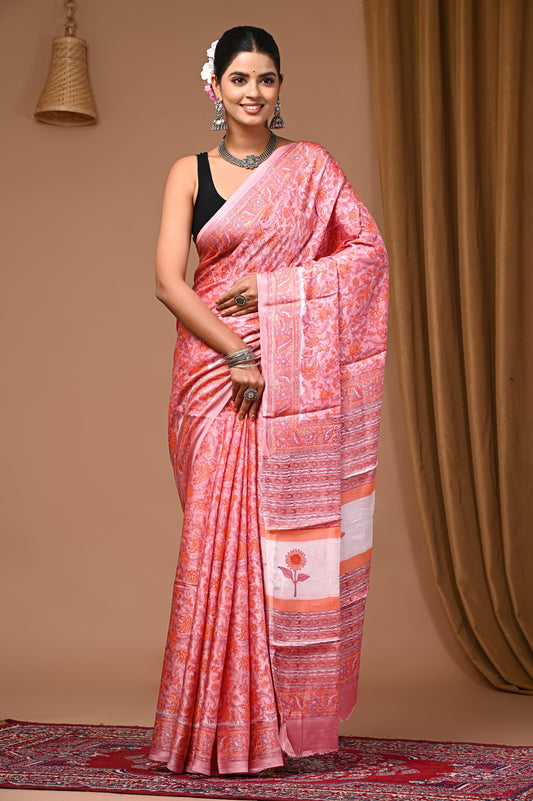 PJNV25A060 Pink Pure Block Print Modal Silk Saree