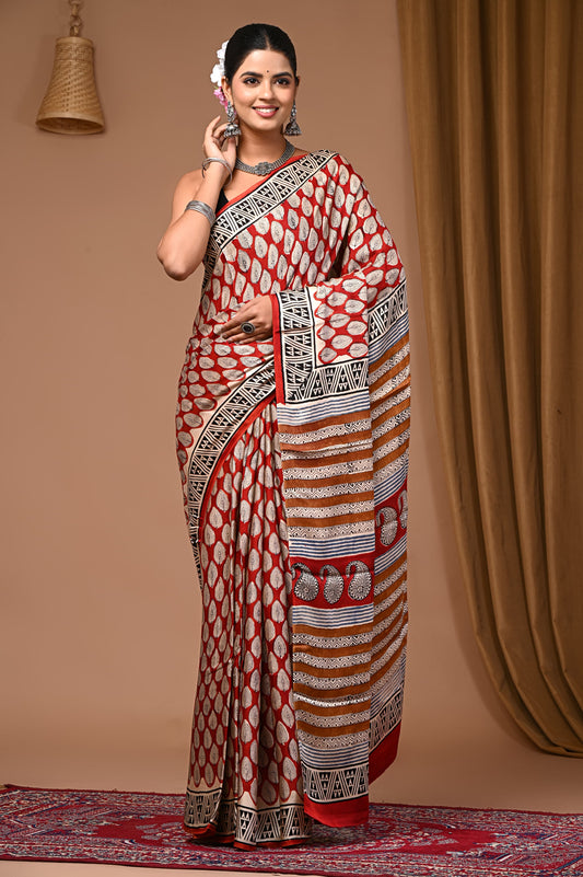 PJNV25A061 Rust Red Pure Block Print Modal Silk Saree
