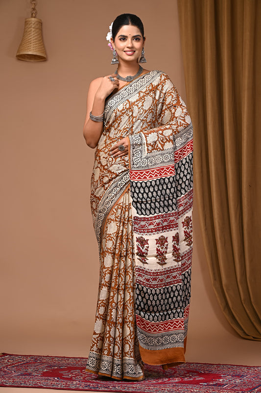 PJNV25A062 Mustard Yellow Pure Block Print Modal Silk Saree