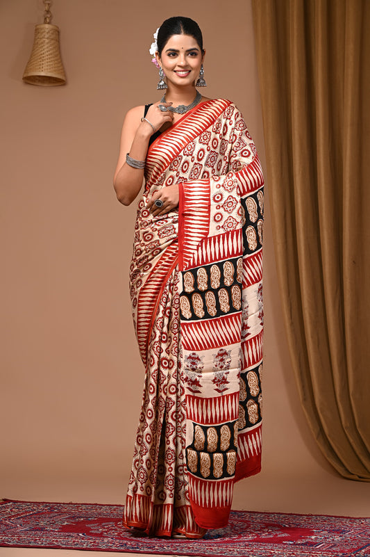 PJNV25A064 Cream Pure Block Print Modal Silk Saree