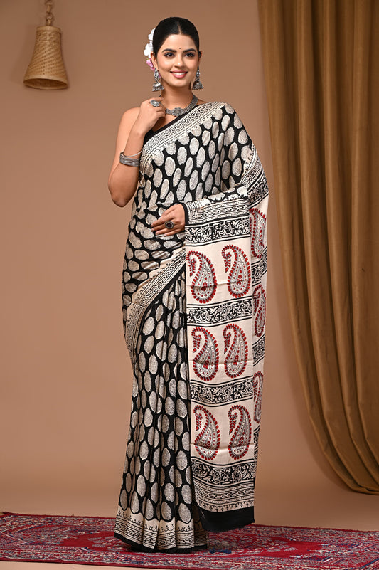 PJNV25A065 Black Pure Block Print Modal Silk Saree