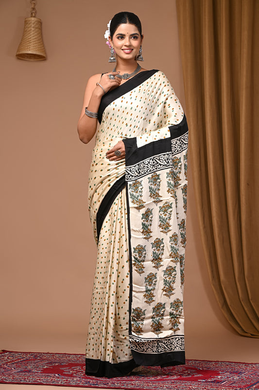 PJNV25A066 Cream Pure Block Print Modal Silk Saree