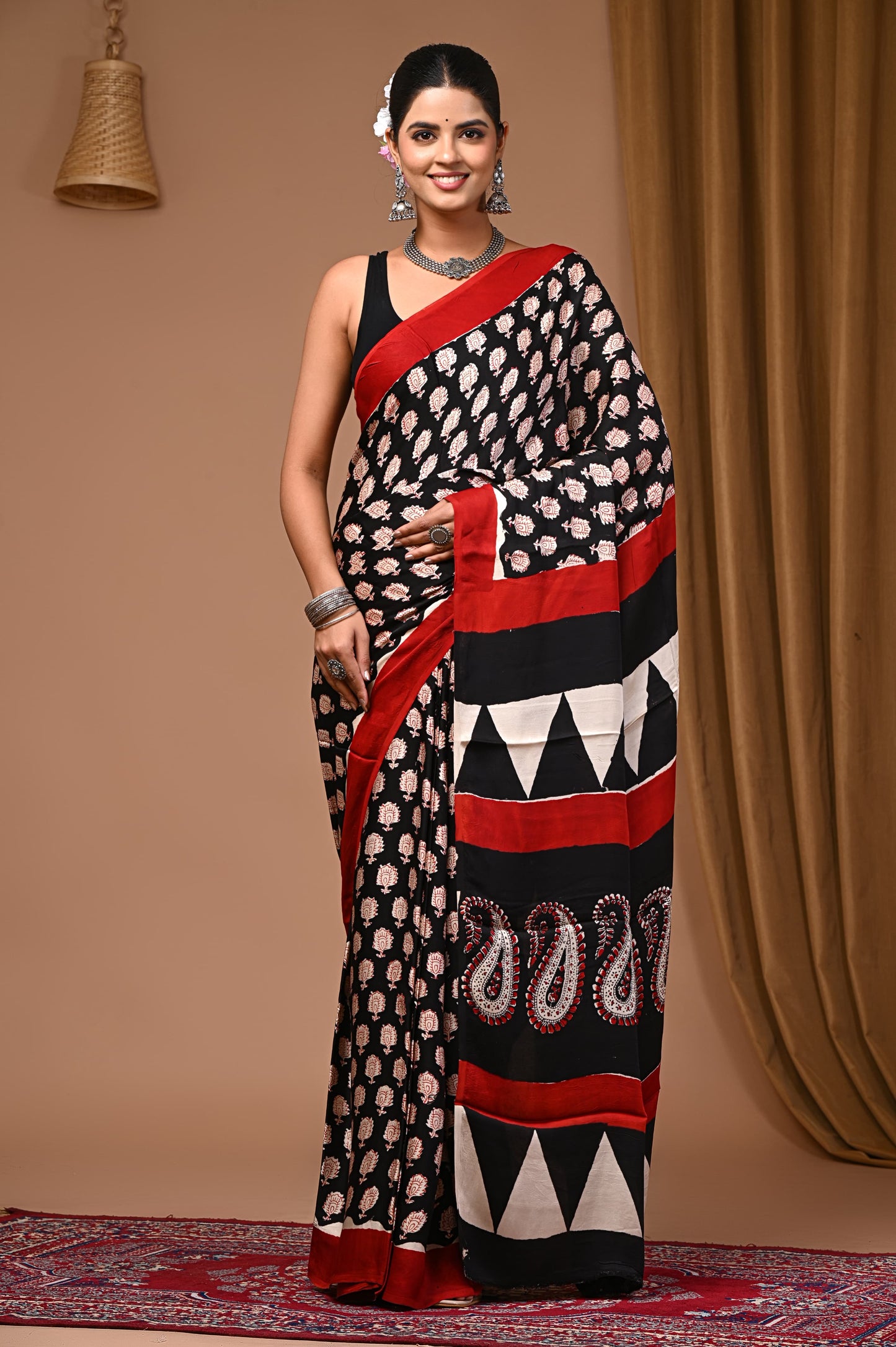 PJNV25A067 Black Pure Block Print Modal Silk Saree