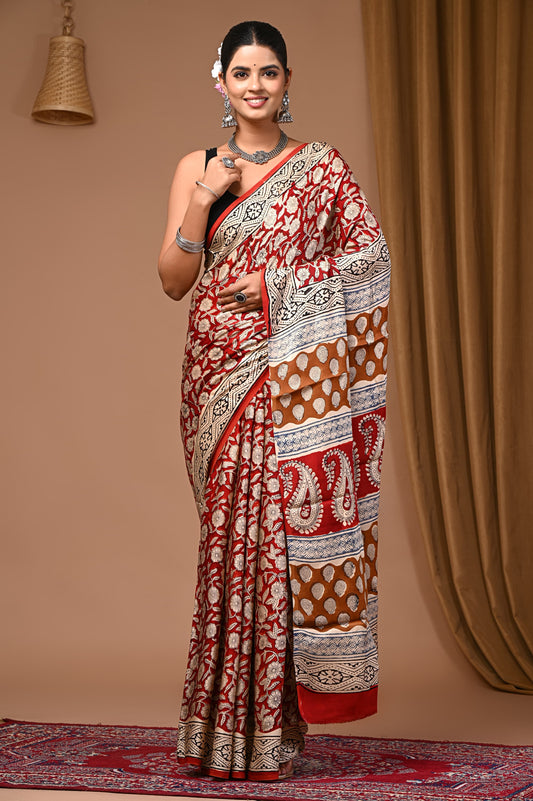 PJNV25A068 Red Pure Block Print Modal Silk Saree