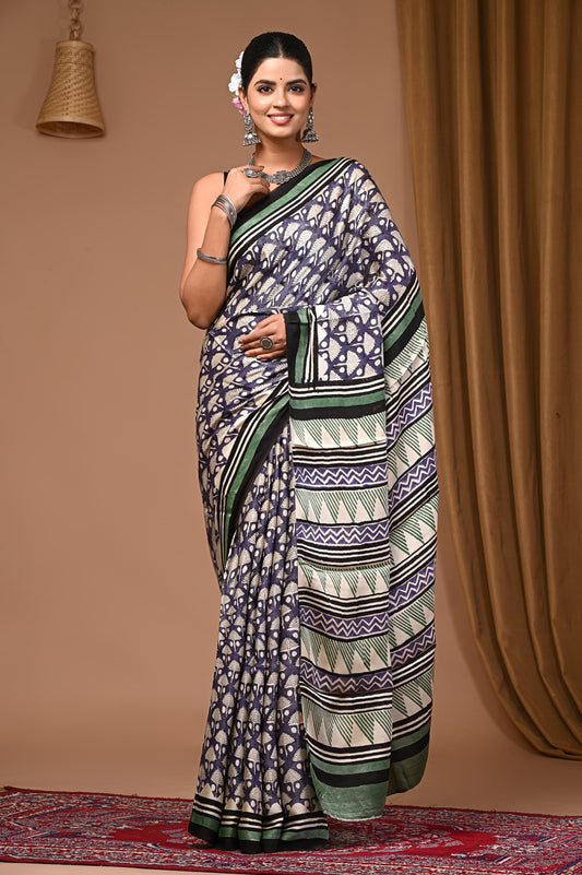 PJNV25A069 Lavender Pure Block Print Modal Silk Saree