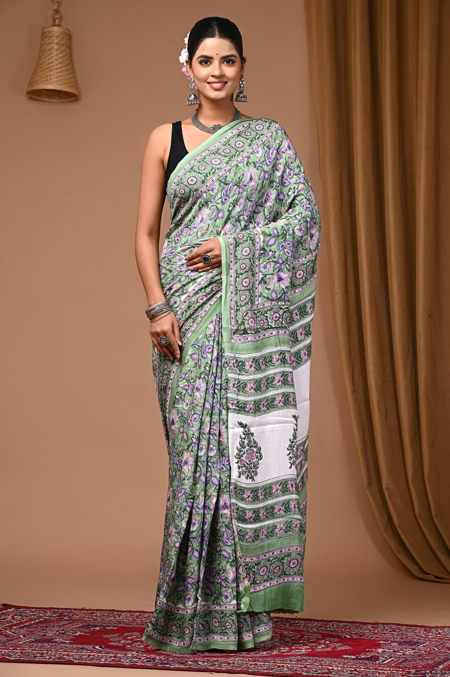 PJNV25A071 Green Pure Block Print Modal Silk Saree