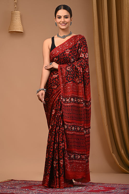 PJNV25A072 Red Pure Block Print Modal Silk Saree