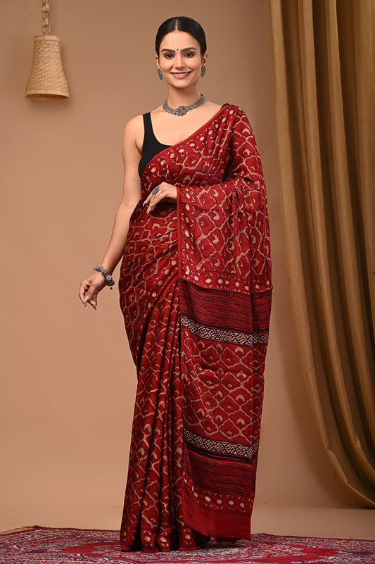 PJNV25A073 Red Pure Block Print Modal Silk Saree