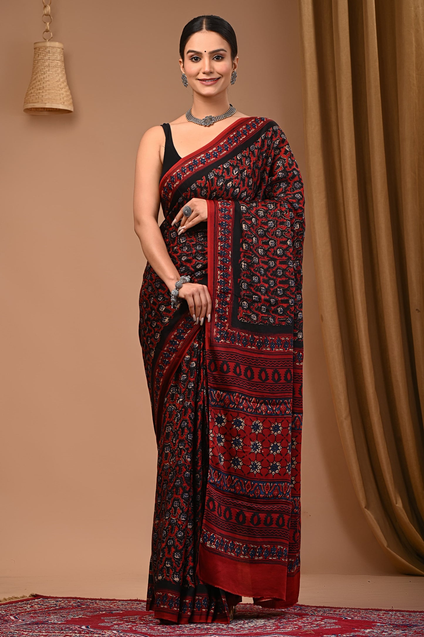 PJNV25A075 Maroon Pure Block Print Modal Silk Saree