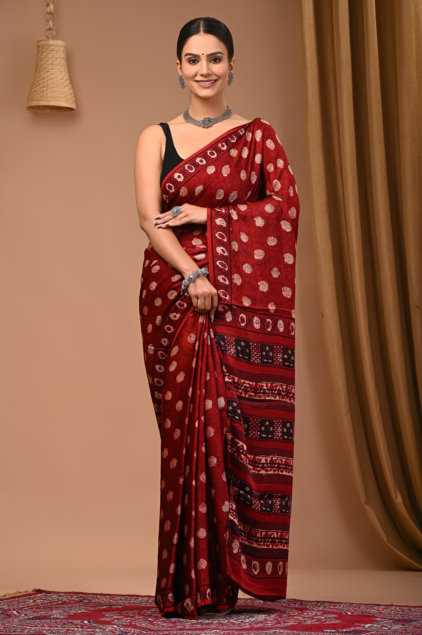 PJNV25A077 Red Pure Block Print Modal Silk Saree