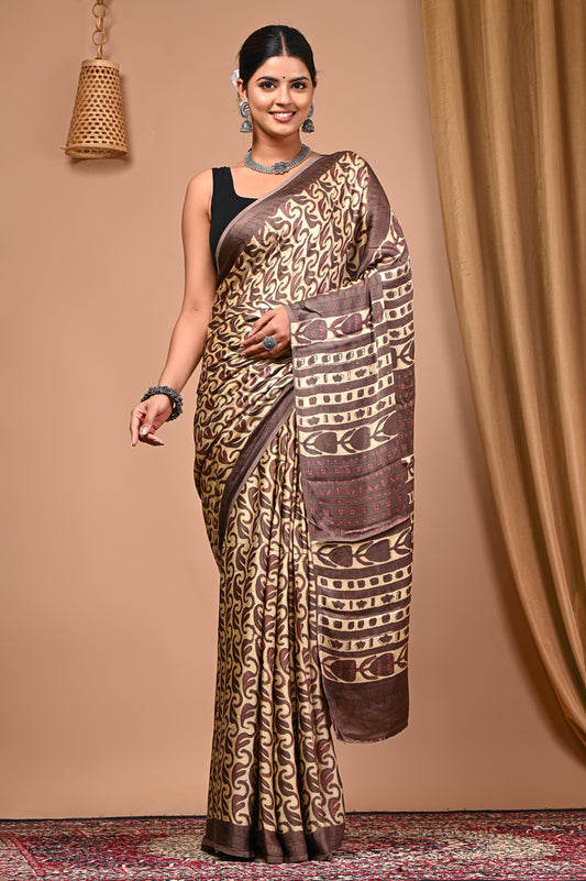 PJNV25A079 Beige Pure Block Print Modal Silk Saree