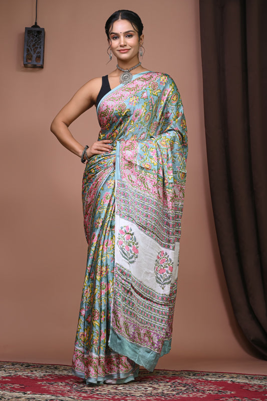 PJNV25A080 Blue Pure Block Print Modal Silk Saree