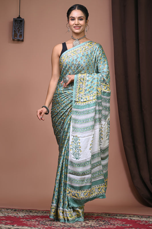 PJNV25A081 Green Pure Block Print Modal Silk Saree