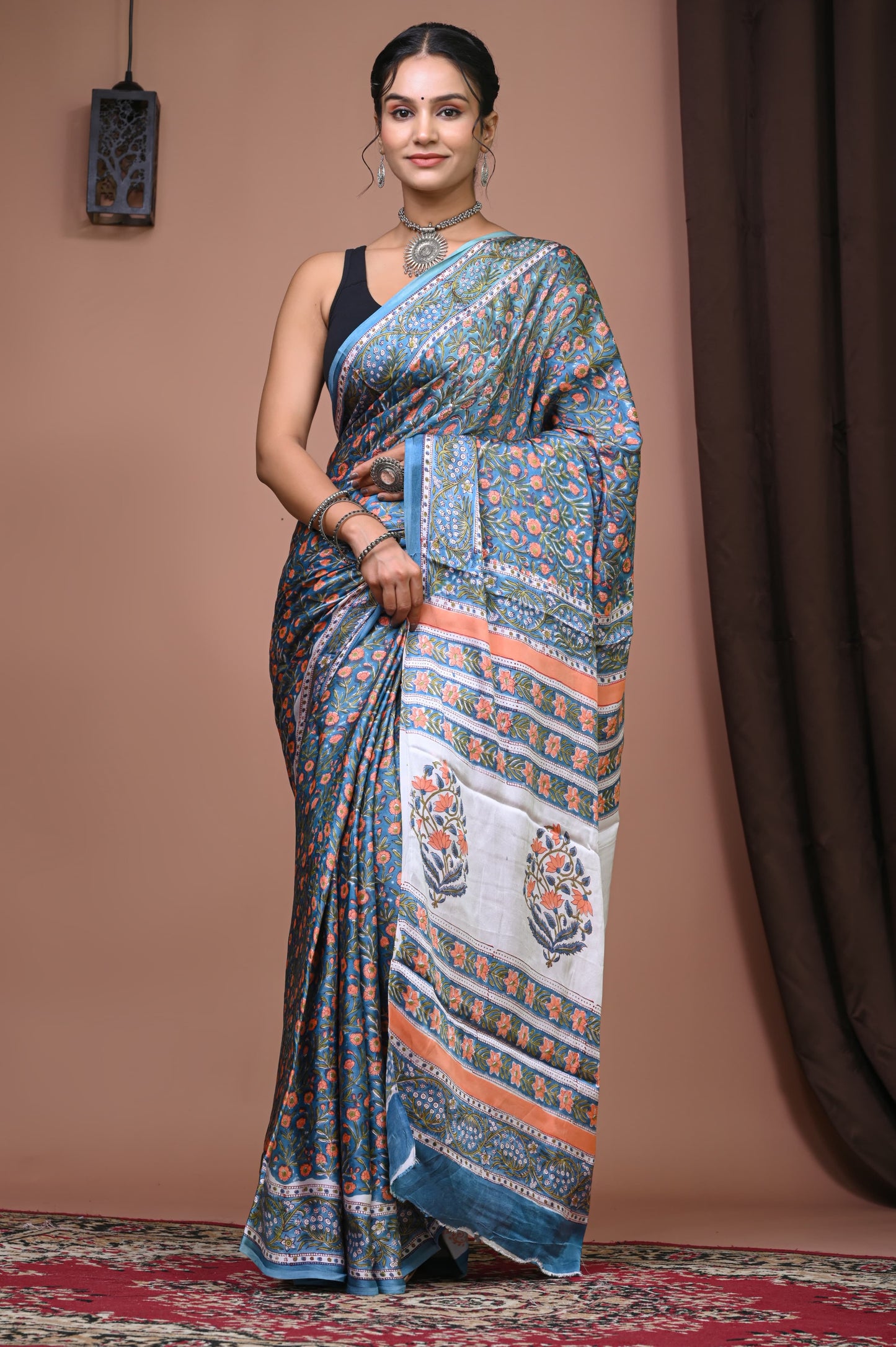PJNV25A082 Blue Pure Block Print Modal Silk Saree