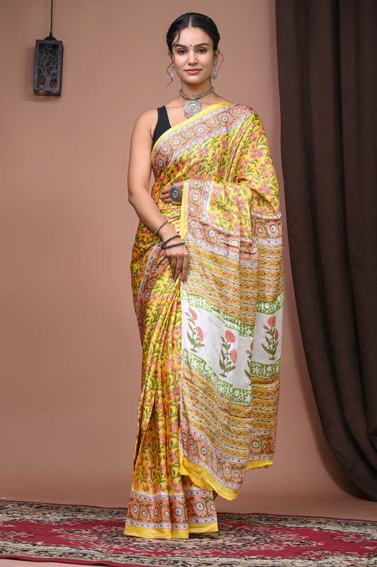 PJNV25A083 Yellow Pure Block Print Modal Silk Saree