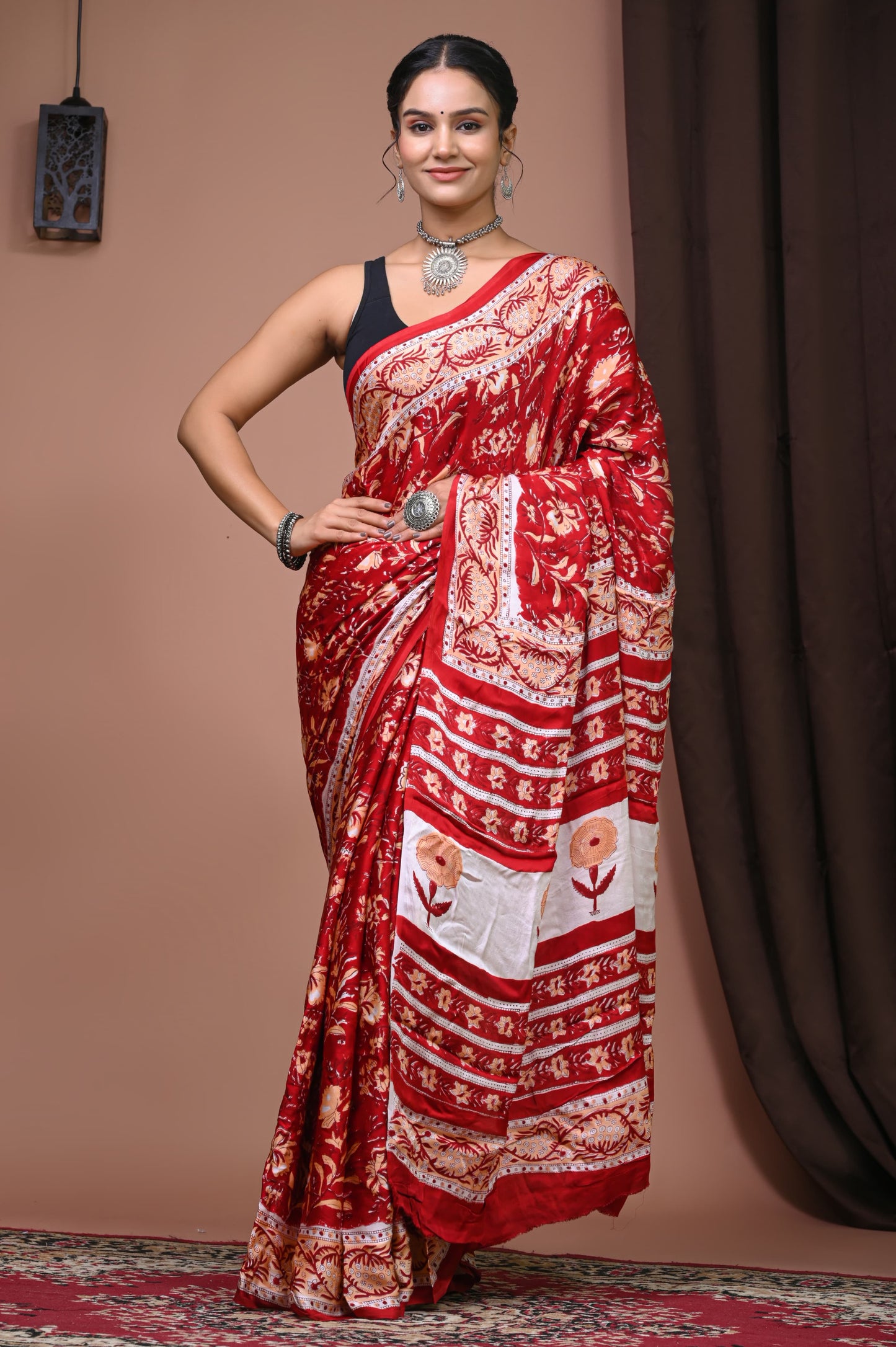 PJNV25A085 Red Pure Block Print Modal Silk Saree