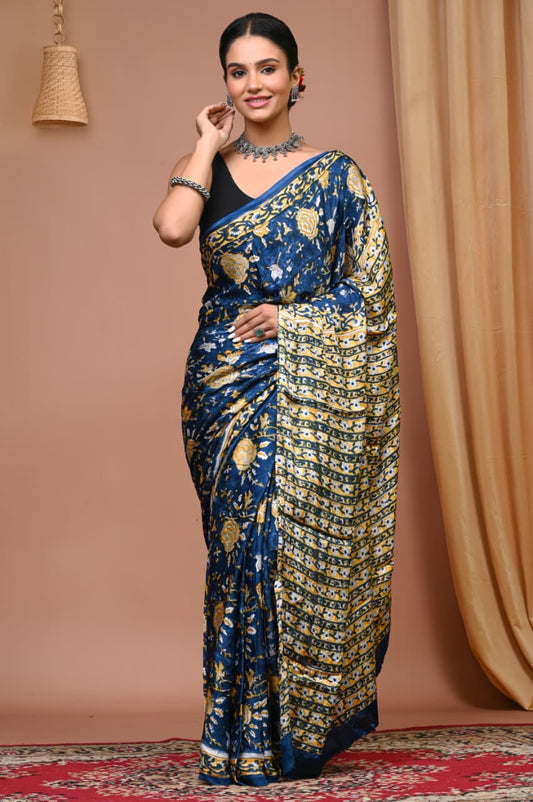 PJNV25A090 Navy Blue Pure Block Print Modal Silk Saree