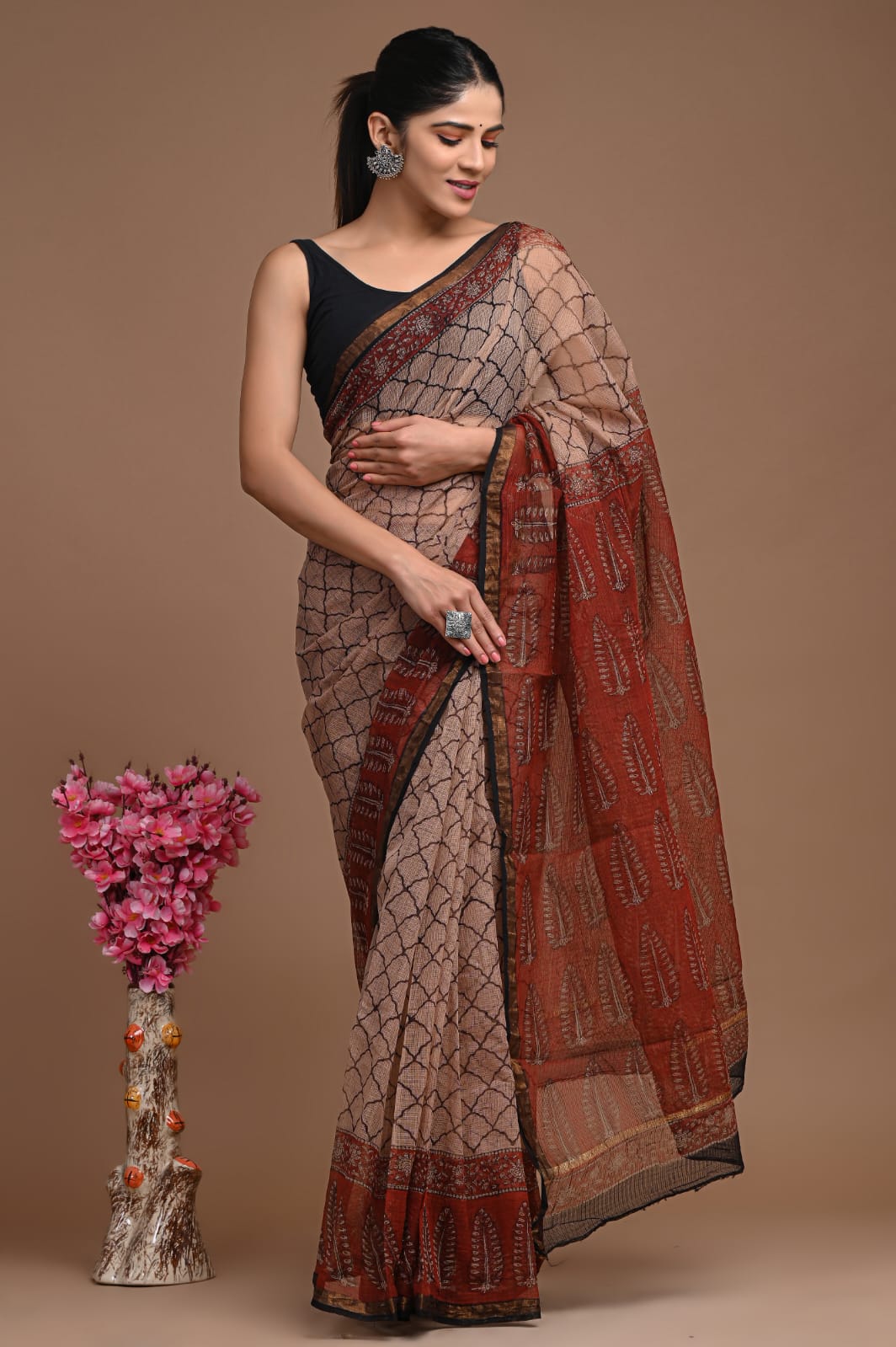 PJNV25A097 Beige Pure Block Print Kota Doria Saree