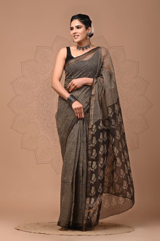 PJNV25A101 Grey Pure Block Print Kota Doria Saree