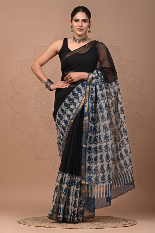 PJNV25A102 Black Pure Block Print Kota doria Saree
