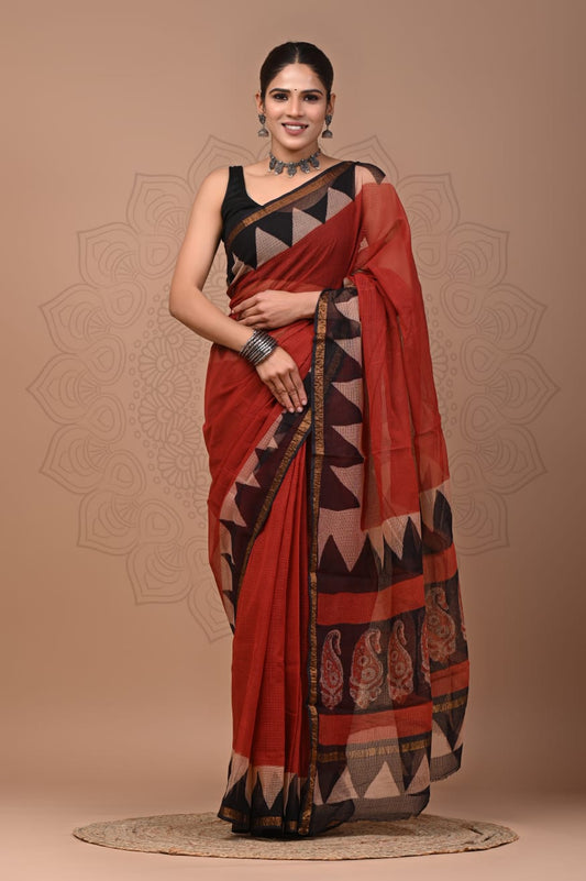 PJNV25A104 Rust Red Pure Block Print Kota doria Saree