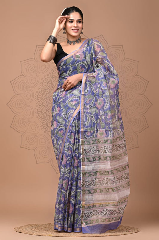 PJNV25A105 Lavender Pure Block Print Kota doria Saree