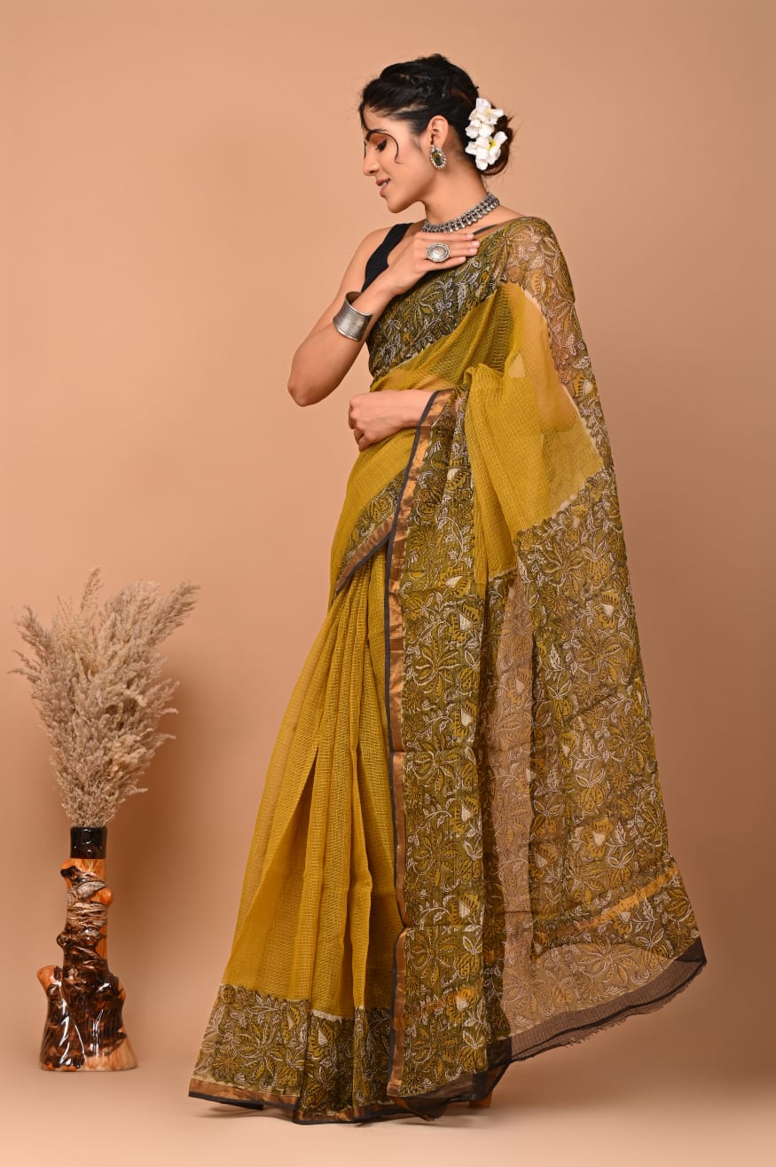 PJNV25A106 Mustard Yellow Pure Block Print Kota doria Saree
