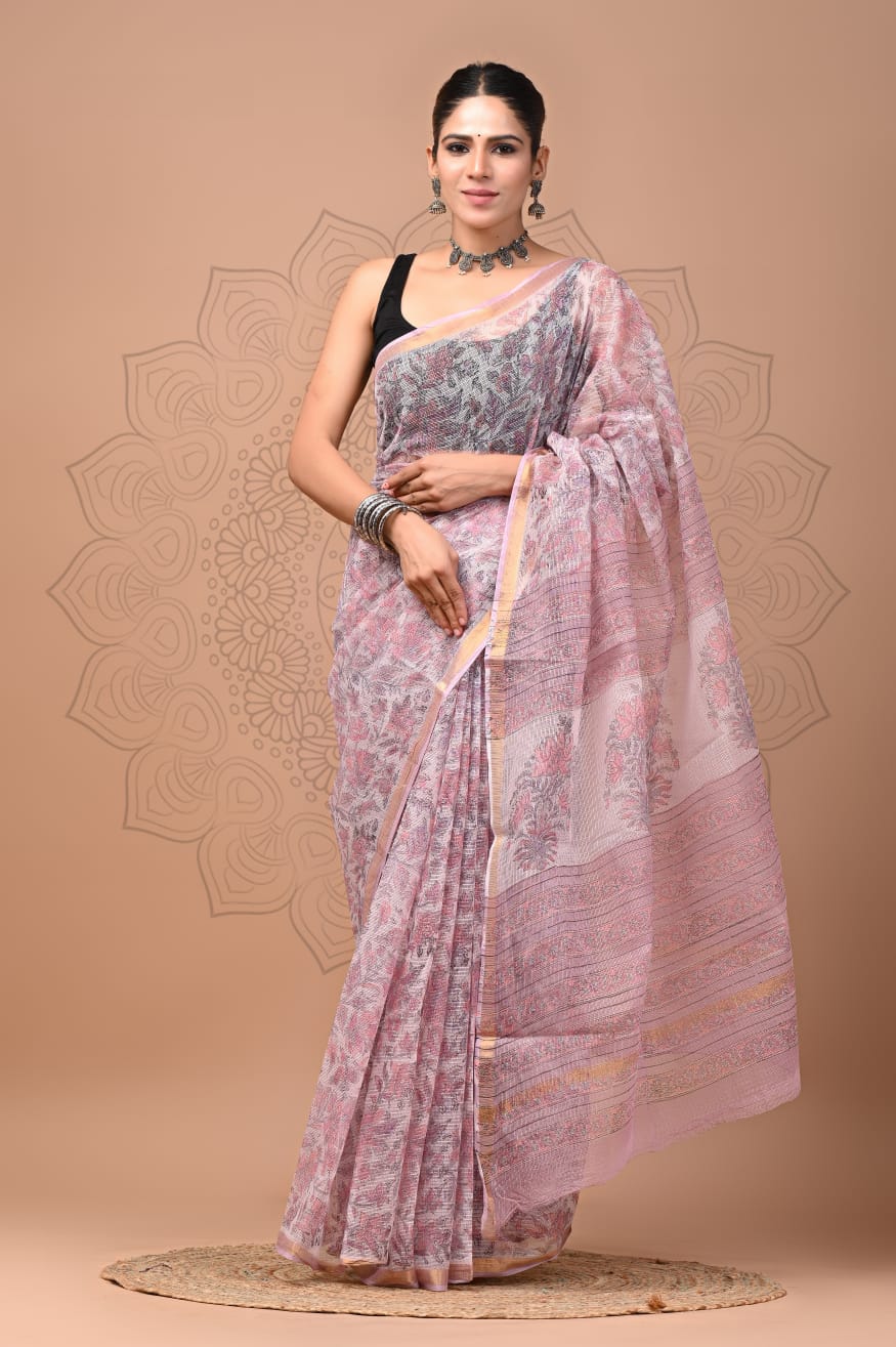 PJNV25A107 Pink Pure Block Print Kota doria Saree