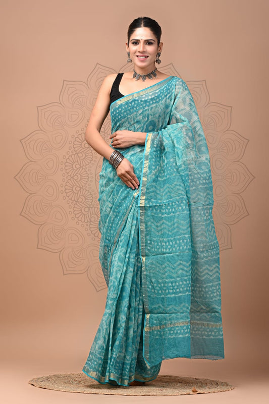 PJNV25A109  Blue Pure Block Print Kota Doria Saree