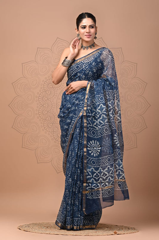 PJNV25A110  Navy Blue Pure Block Print Kota Doria Saree