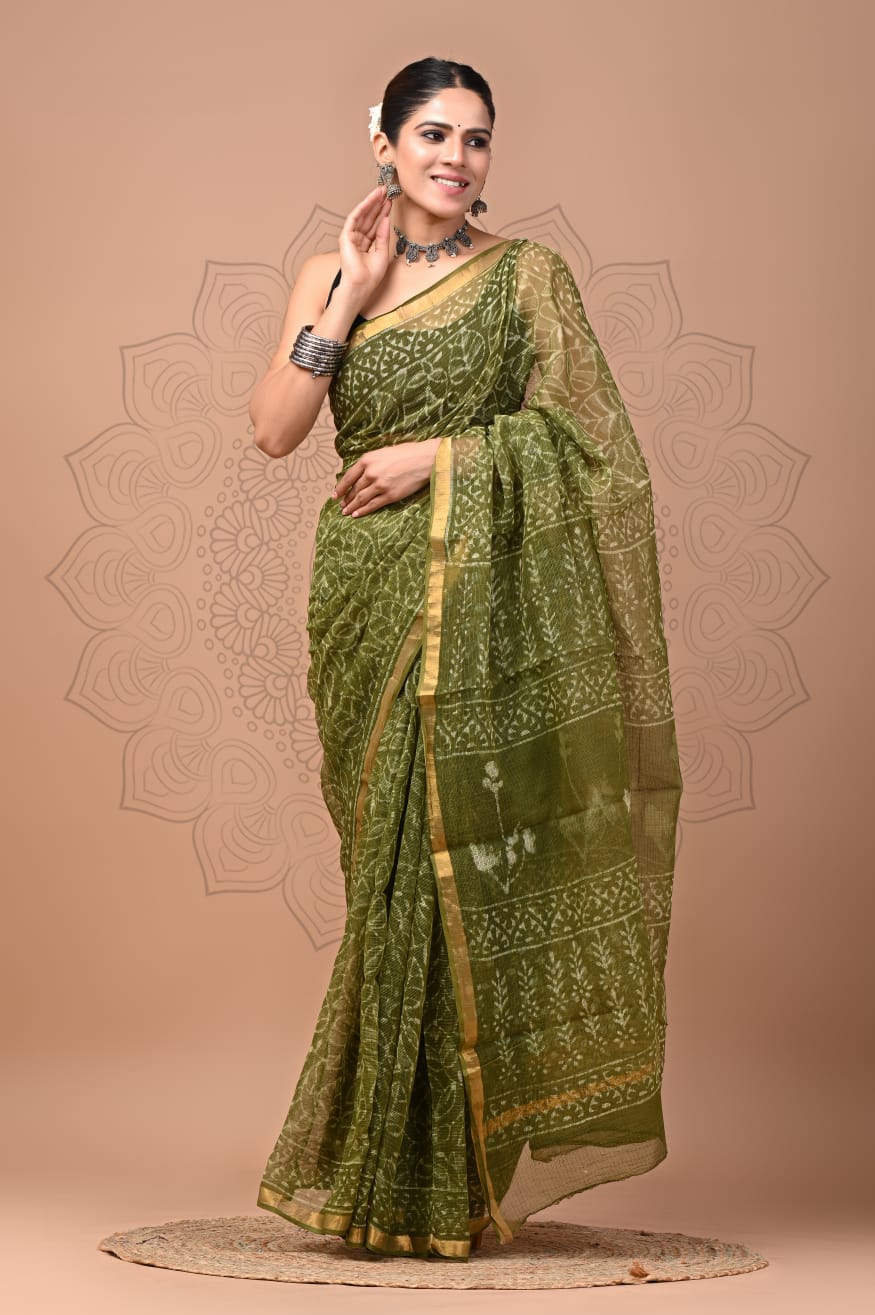 PJNV25A111 Olive Green Pure Block Print Kota Doria Saree