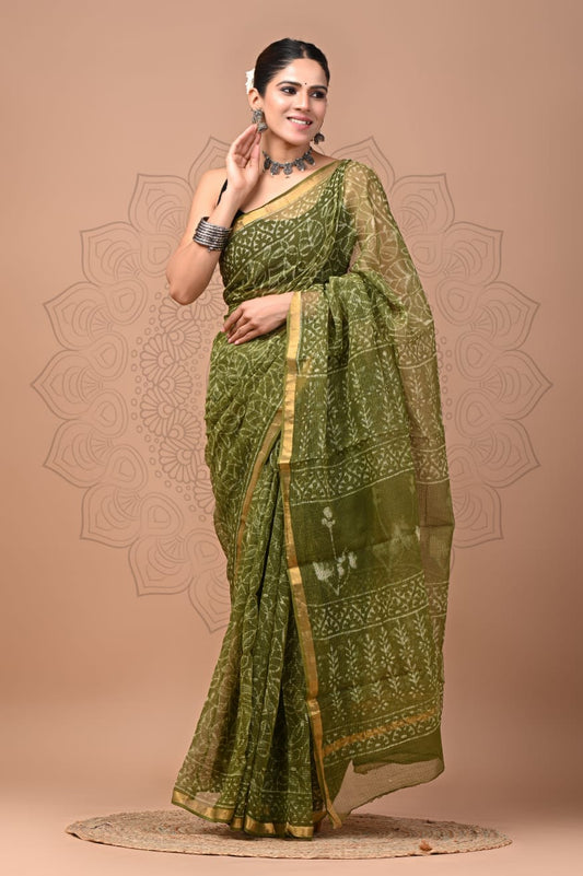 PJNV25A111 Olive Green Pure Block Print Kota Doria Saree