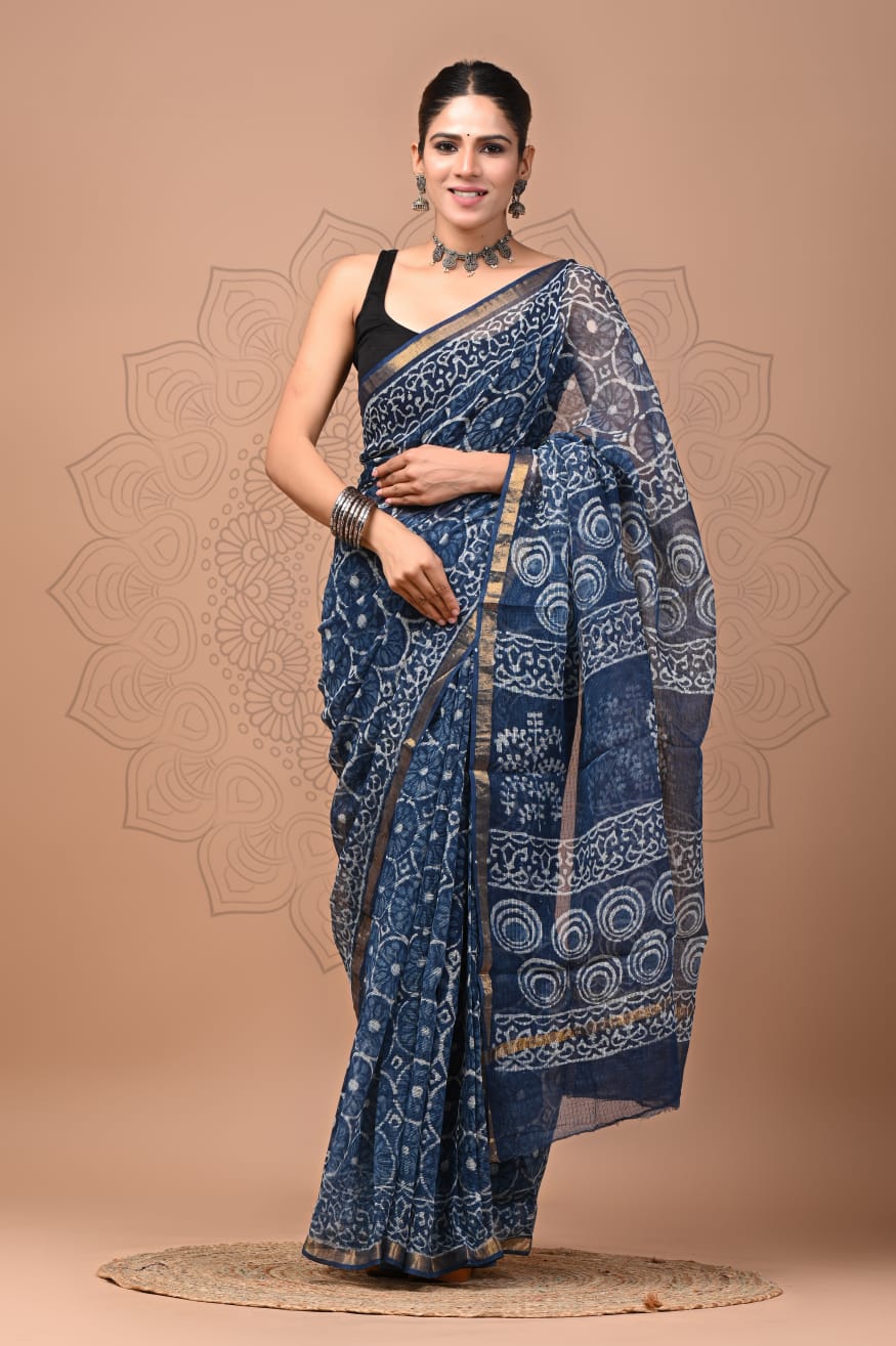 PJNV25A112 Navy Blue Pure Block Print Kota Doria Saree