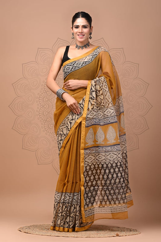 PJNV25A113 Mustard Yellow Pure Block Print Kota Doria Saree