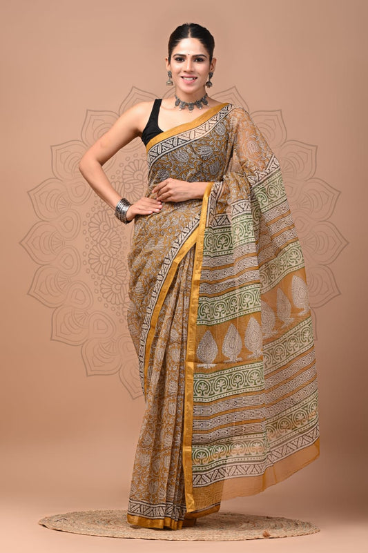 PJNV25A114 Ocher Pure Block Print Kota Doria Saree