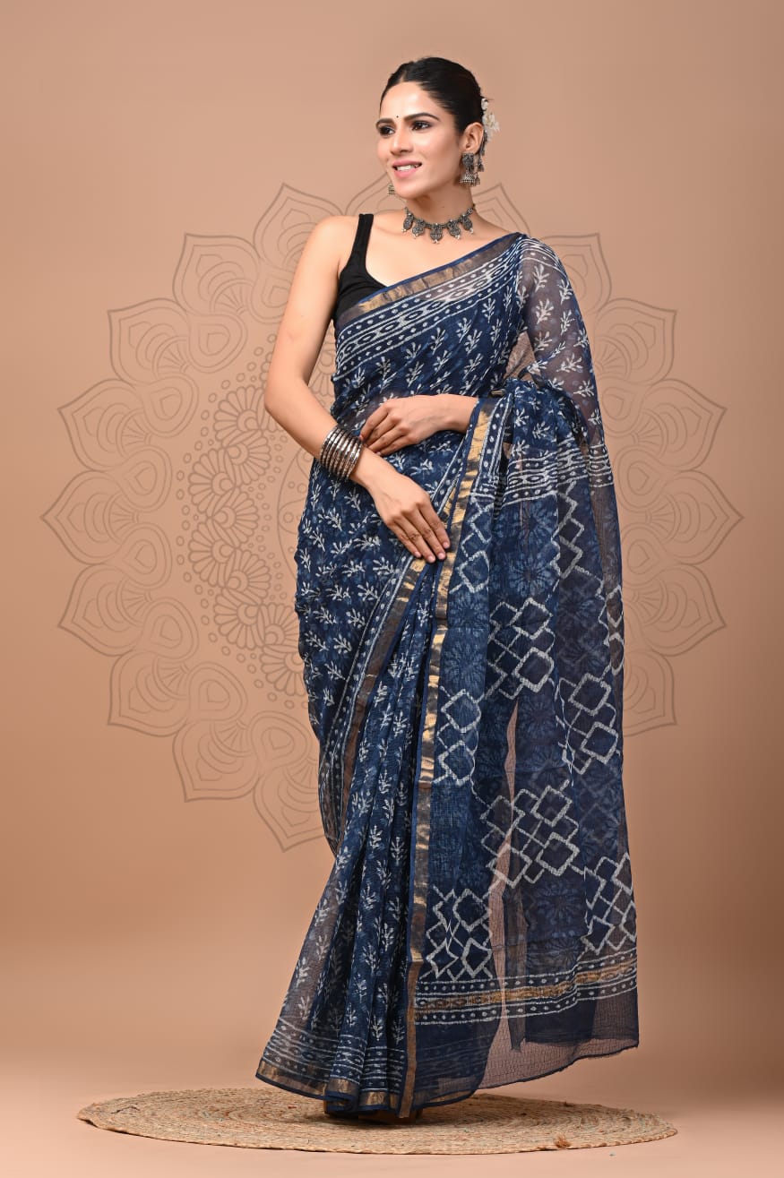 PJNV25A116 Navy Blue Pure Block Print Kota Doria Saree