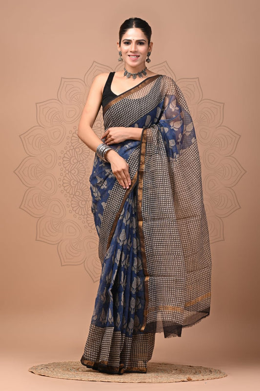PJNV25A117 Navy Blue Pure Block Print Kota Doria Saree