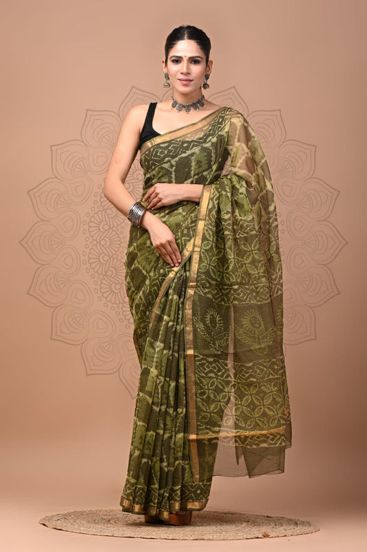 PJNV25A118 Olive Green Pure Block Print Kota Doria Saree