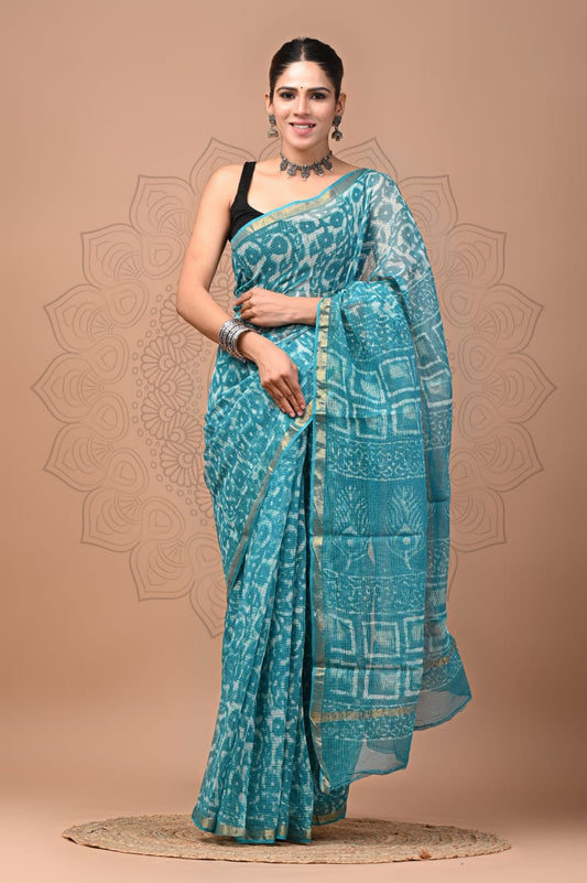 PJNV25A119 Blue Pure Block Print Kota Doria Saree