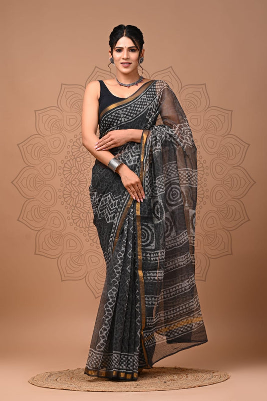 PJNV25A120 Dark Grey Pure Block Print Kota Doria Saree