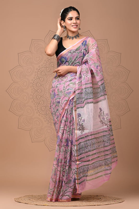 PJNV25A121 Pink Pure Block Print Kota Doria Saree